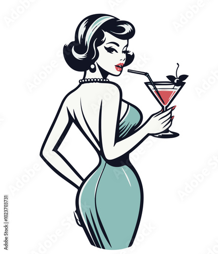 elegant pin-up woman in blue dress holding cocktail in retro cartoon style