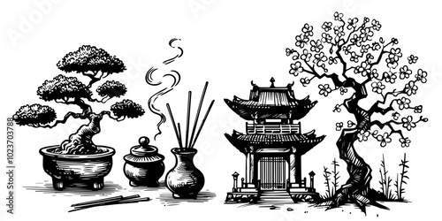 Cultural Asian icons with temple, bonsai, and incense vector art