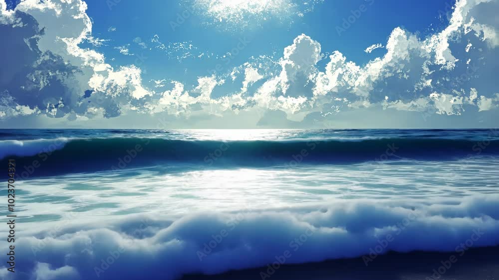 A bright blue sky with white clouds hangs over a crashing wave on the ocean A bright blue sky with white clouds hangs over a crashing wave on the ocean