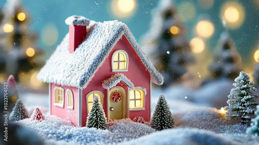 A pink gingerbread house sits on a snowy landscape with a wreath on the door, surrounded by pine trees and warm lights A pink gingerbread house sits on a snowy landscape with a wreath on the door, surrounded by pine trees and warm lights