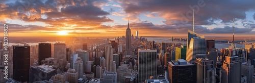 A city skyline with a sunset in the background