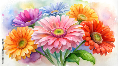 Bright gerbera daisy bouquet in vibrant watercolor style photo