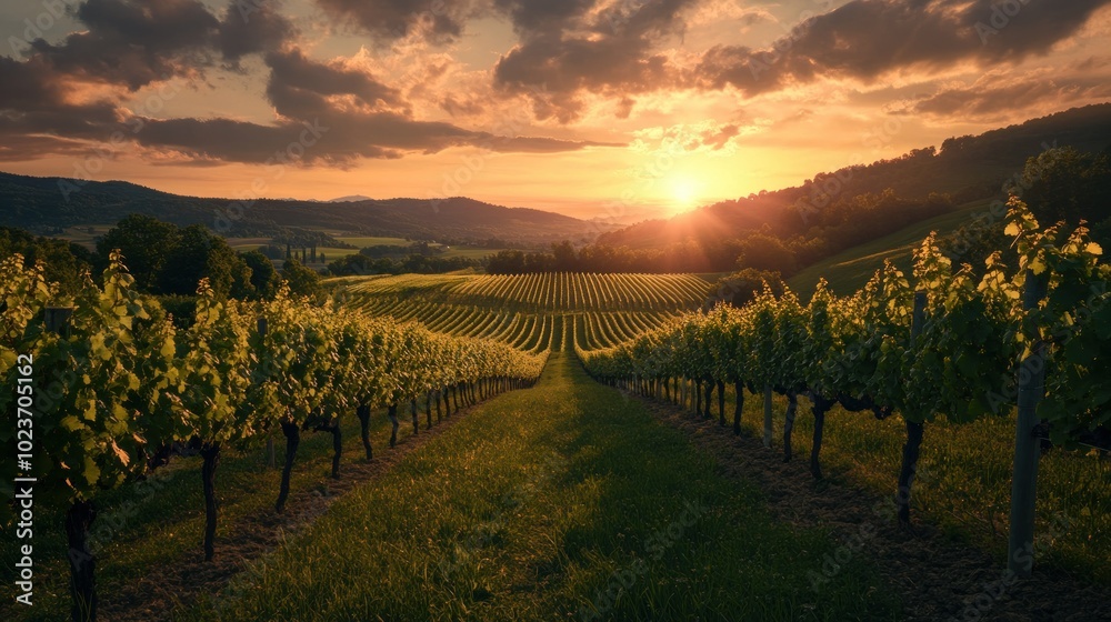 Fototapeta premium Sunset over a vineyard with rolling hills in the background