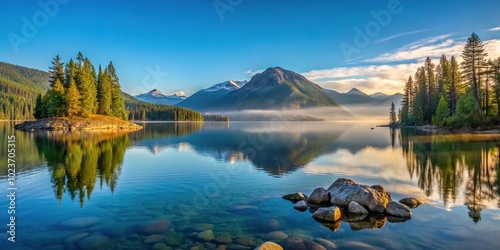 Scenic view of Lake Wenatchee with Emerald Island in the distance during early morning photo