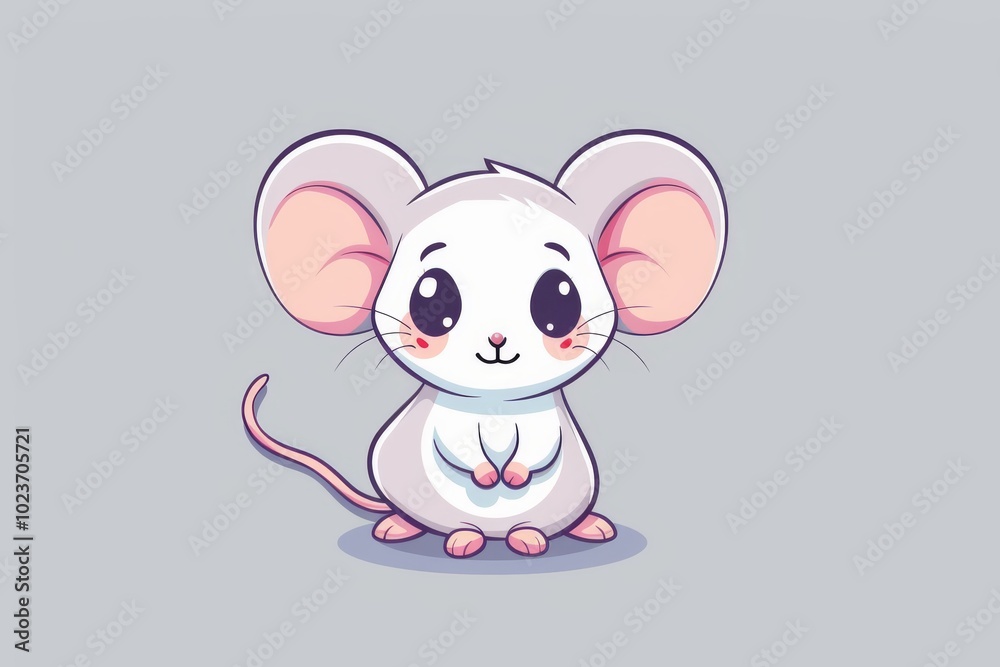 A cute cartoon mouse with a big smile on its face. The mouse is sitting on a grey background