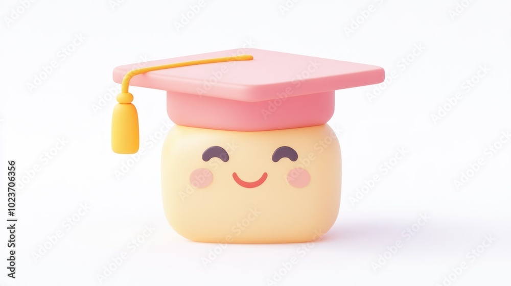 3D Illustration of a Smiling Yellow Character Wearing a Pink Graduation Cap