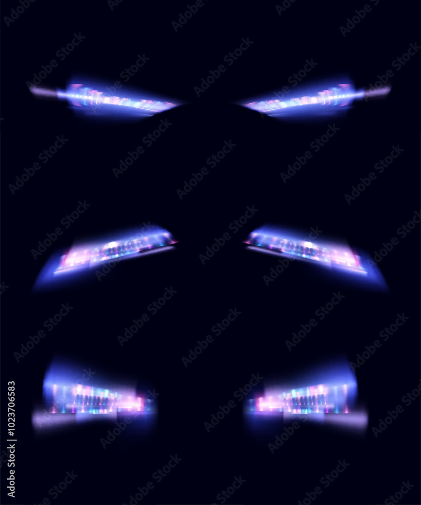 Bright glow of car headlight light. LED lights of car headlights in the dark. Vector Bright glow of car headlight light. LED lights of car headlights in the dark. Vector