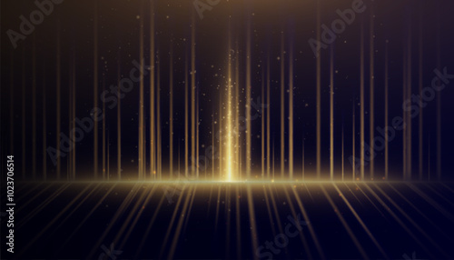 Golden vertical lines of light with glitter shimmering particles for background and overlay. Glowing abstract futuristic shimmering background.