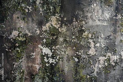 Detailed texture of an aged concrete wall with moss and lichen, showcasing natural weathering and organic patterns. photo