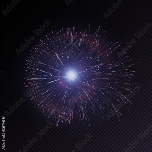 Particle explosion with the epicenter of energy inside. Geometric dynamic concept of particle explosion. Vector