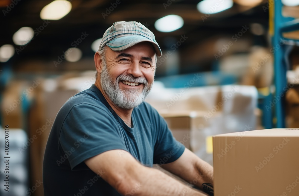 A man wearing a blue shirt and a hat is smiling and holding a cardboard box A man wearing a blue shirt and a hat is smiling and holding a cardboard box