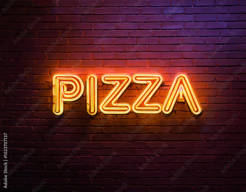 Neon Pizza sign glowing on brick wall at night, casting colorful light in a lively urban environment. Copy space. Street food concept. Neon Pizza sign glowing on brick wall at night, casting colorful light in a lively urban environment. Copy space. Street food concept.