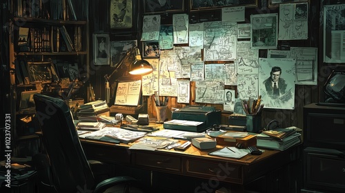 Detective's study cluttered desk with crime investigation papers and evidence board