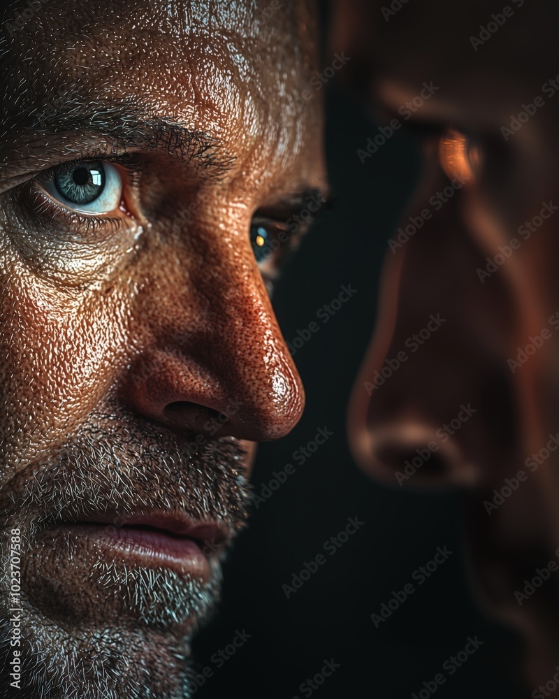 Obraz premium Intense face-off close-up of dramatic eye contact between two individuals in low light