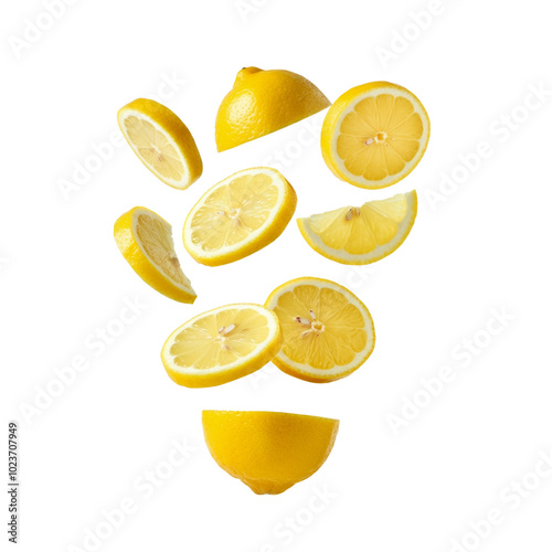Slices of lemon floating and falling, isolate on transparency background