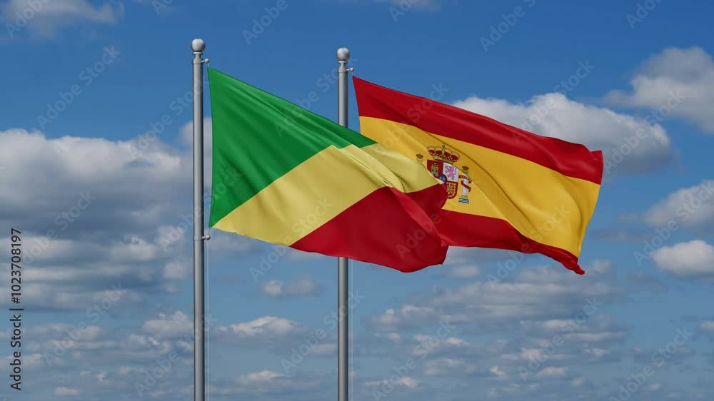 Spain and  Congo Brazzaville flags flying together, video concept of the relationship, two country cooperation concept