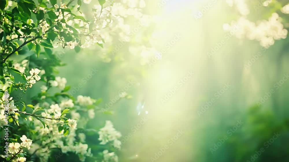 Serene Blossoming Orchard with Golden Sun Rays in Soft Focus Serene Blossoming Orchard with Golden Sun Rays in Soft Focus