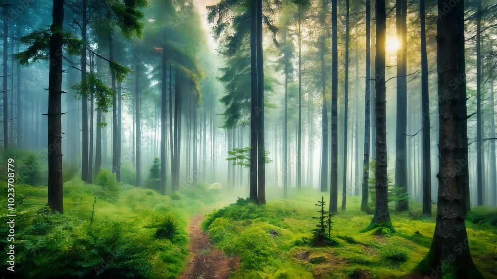A coniferous dense forest in a dense mysterious fog A coniferous dense forest in a dense mysterious fog