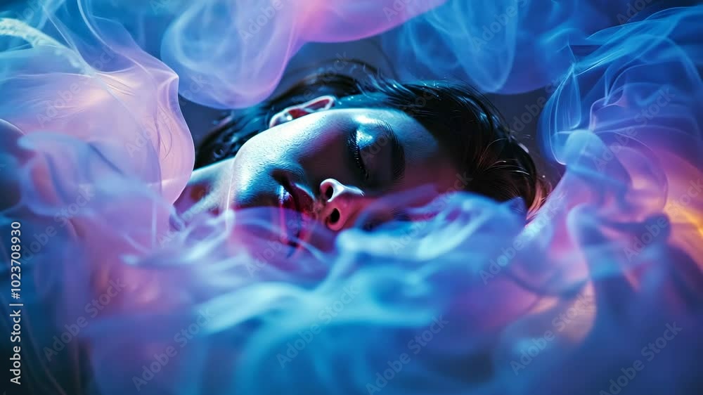 A person sleeps peacefully in a bed surrounded by blue and purple fabric