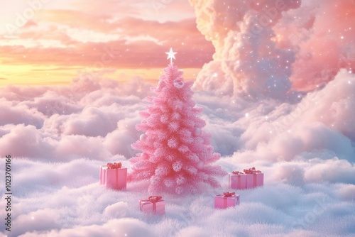 Happy new year, coquette cute girly pink christmas tree with bow. Ai generative