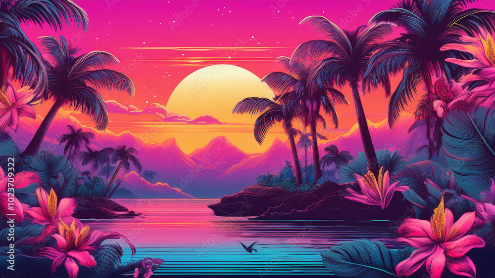 Paisagem ao entardecer rosa tropical com sol palmeiras e pássaros Paisagem ao entardecer rosa tropical com sol palmeiras e pássaros
