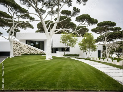 Backyard with garden. Modern Architectural Elegance Amidst Nature. photo