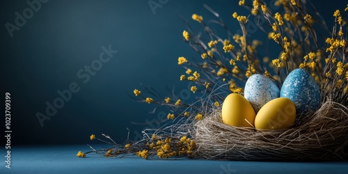 A sophisticated display of painted yellow and blue easter eggs adorned with delicate floral patterns, set beside bright yellow blooms in a woven basket on a soft blue background. Easter decor Copy