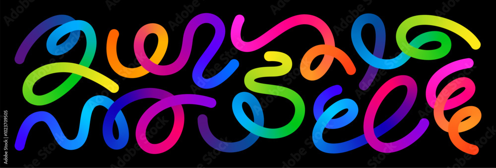 Set of Swirl Rainbow Colored Gradient Lines. Squiggle Doodle Waves for Carnival Decoration, Celebration and Parties. Fun Curve Neon Graphic Shapes