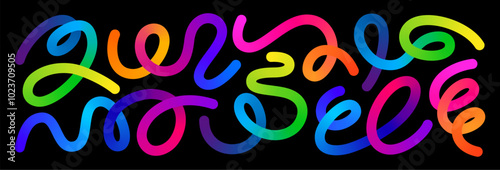 Set of Swirl Rainbow Colored Gradient Lines. Squiggle Doodle Waves for Carnival Decoration, Celebration and Parties. Fun Curve Neon Graphic Shapes