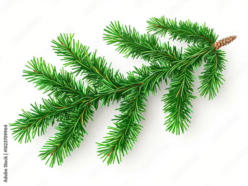 Naklejka premium Green pine tree branch with a few brown tips. The branch is long and thin, and it is the only visible part of the tree