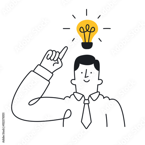 Businessman pointing at a lightbulb symbolizing an idea. Doodle style with an editable stroke.