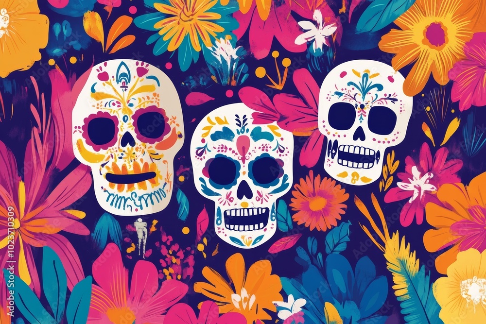 Bright abstract color background featuring Dia de Muertos symbols. Bright abstract color background featuring Dia de Muertos symbols.