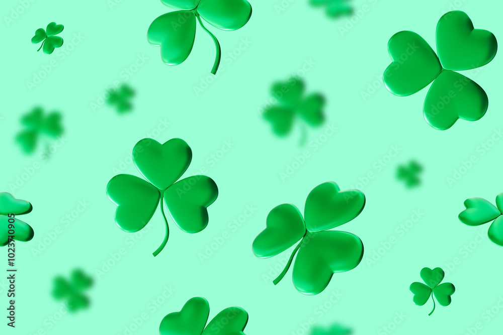 Seamless St. Patrick's Day pattern with clover, shamrock. Repeating design is festive and vibrant, ideal for creating holiday-themed decorations, fabrics and packages or wrapping paper. 3D render.