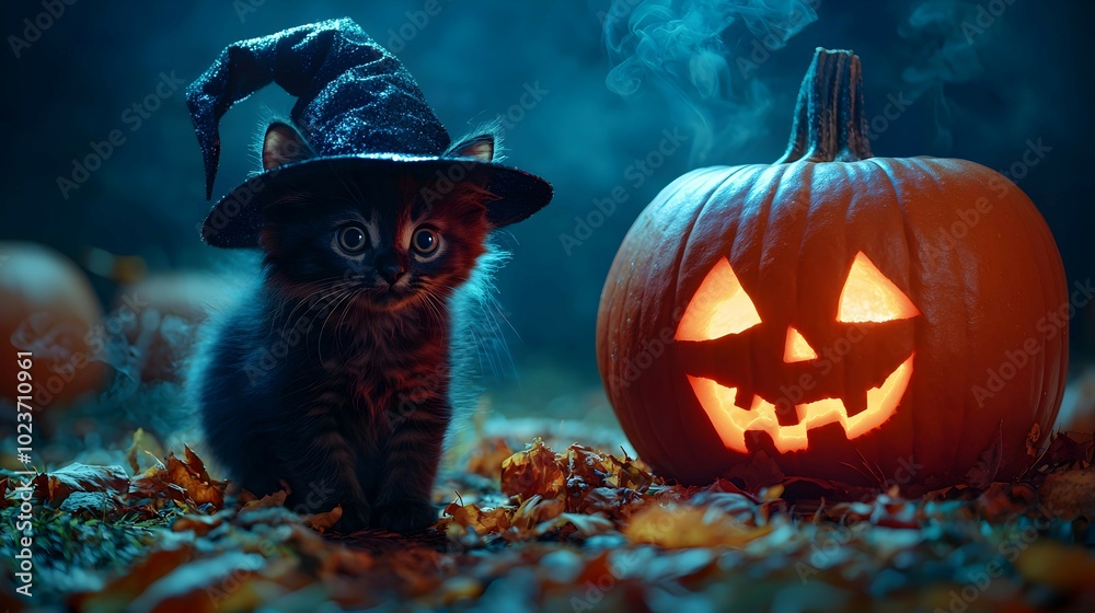 Cute Black Cat in Witch Hat by Pumpkin Cute Black Cat in Witch Hat by Pumpkin