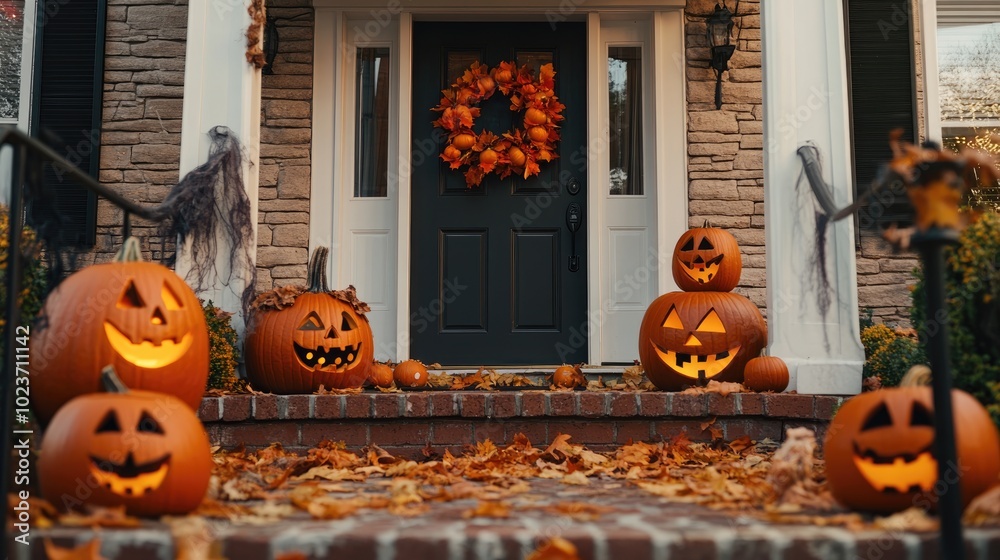Obraz premium Halloween decorations on front porch with pumpkins create festive atmosphere