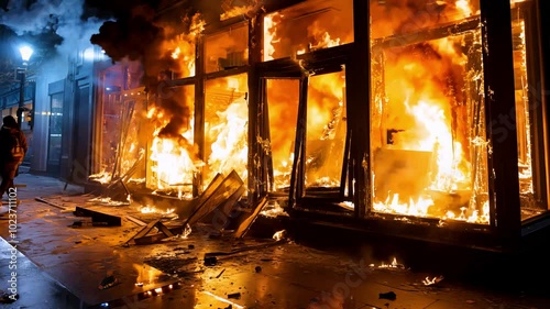 Pogroms and riots in night city. Shop window is broken, there is fire in shop