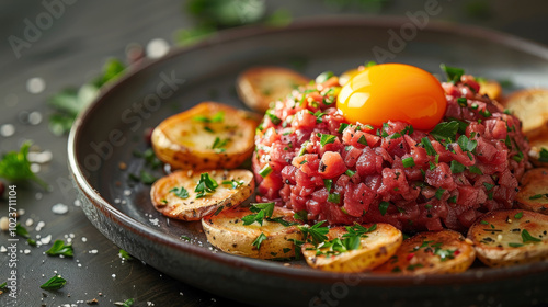 Top-down view of truffle steak tartare on a plate, featuring a quail egg yolk on top, served with truffle-infused potato crisps and garnished with parsley.