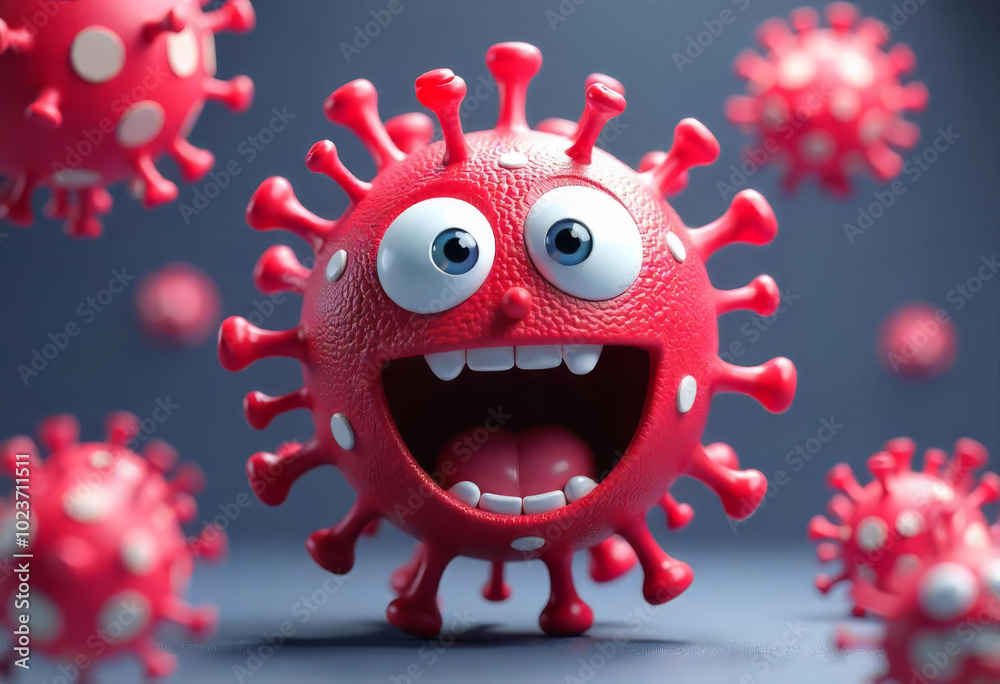 Funny cartoon microbe bacteria with eyes and teeth