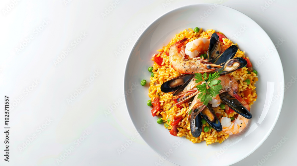 Isolated image of Risotto ai Frutti di Mare Paella Style on a white background, focusing on colorful ingredients. Isolated image of Risotto ai Frutti di Mare Paella Style on a white background, focusing on colorful ingredients.