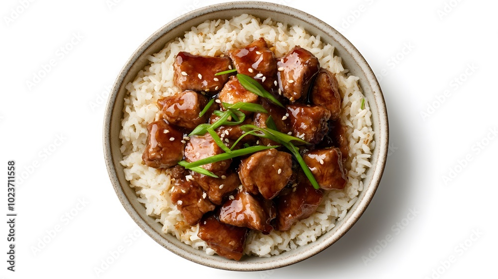Food photo, Chinese brown sauce chicken with rice in a bowl, overhead view, white background