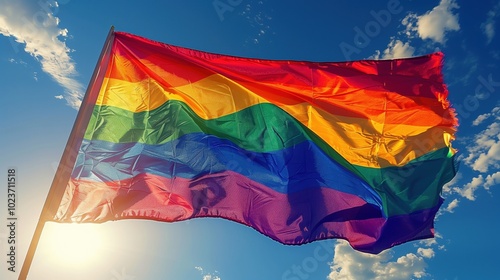 Bright colorful rainbow flag waving under clear blue sky photo