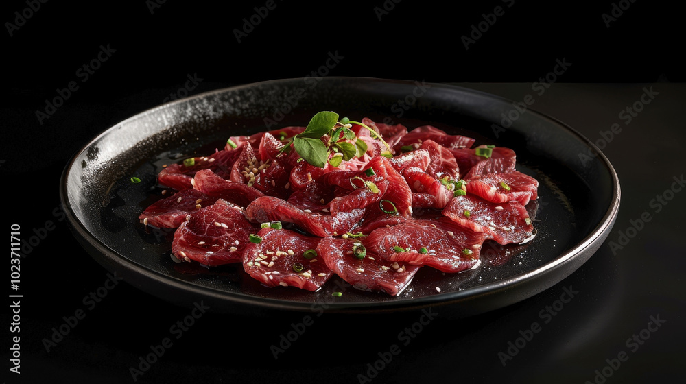 Asian-inspired Beef Carpaccio on a plate centered against a black background, highlighting the delicate presentation of the dish. Asian-inspired Beef Carpaccio on a plate centered against a black background, highlighting the delicate presentation of the dish.