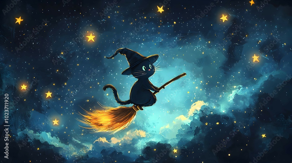 Cartoon Cat Witch Riding Broomstick in Starry Sky Cartoon Cat Witch Riding Broomstick in Starry Sky