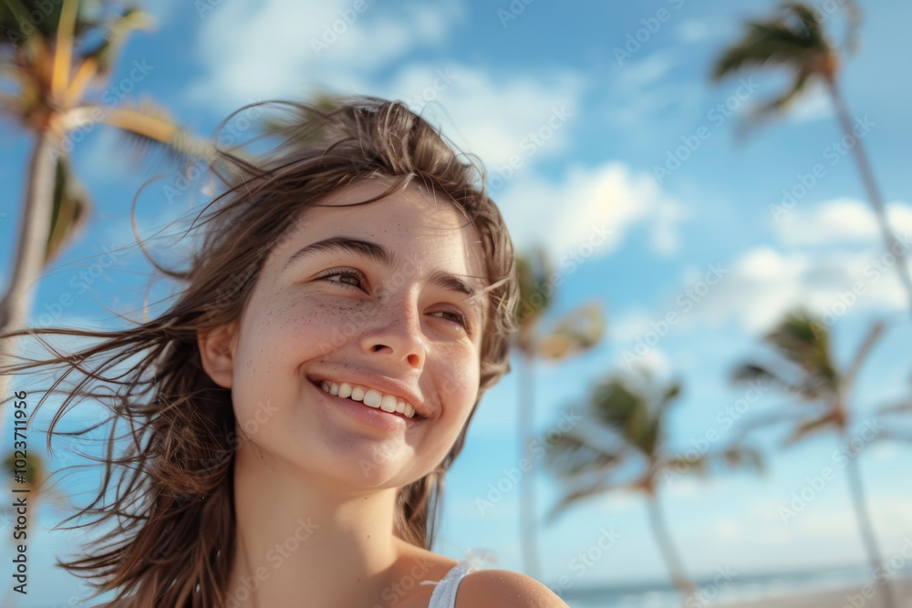 A woman with long hair is smiling and looking out at the ocean