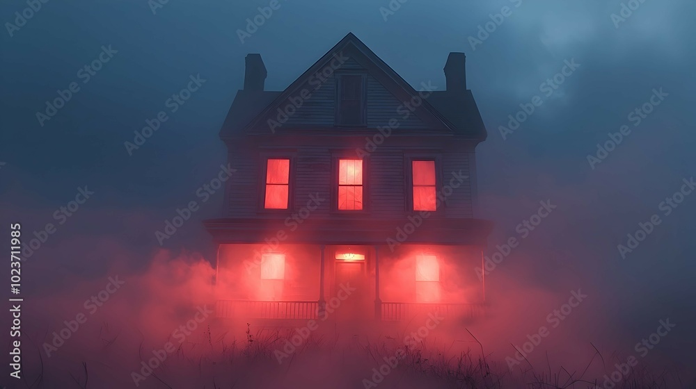 Spooky House Amidst Ethereal Fog at Dusk Spooky House Amidst Ethereal Fog at Dusk