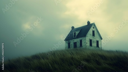 Creepy Haunted House on a Foggy Hill