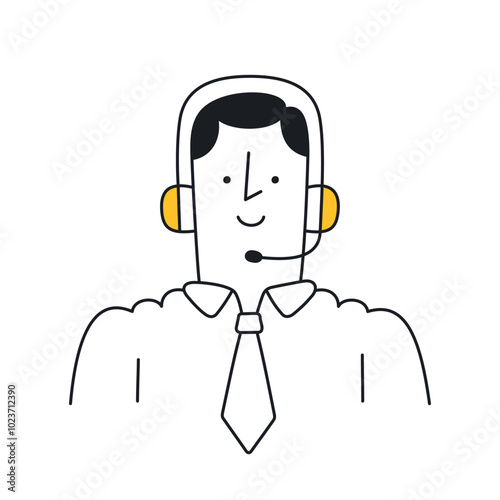 Businessman with a headset, smiling character. Doodle style with an editable stroke.