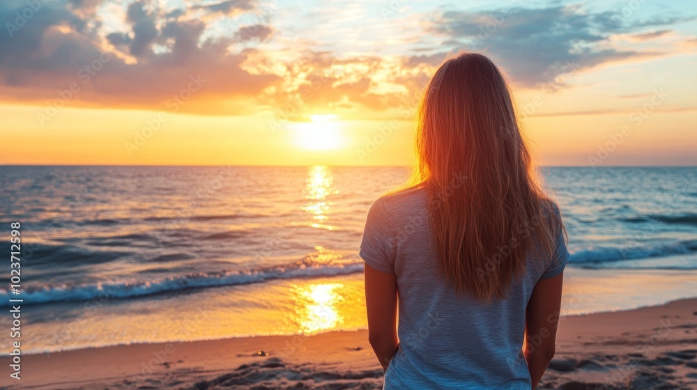 Fototapeta premium A woman stands on a sandy beach, gazing at the sunset over the ocean.