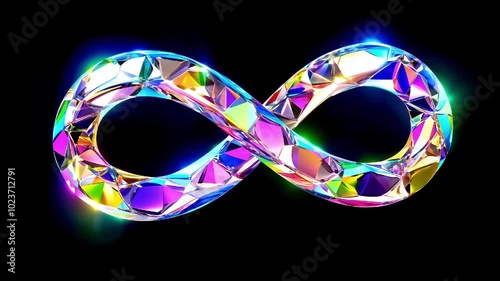 Bright and colorful infinity symbol made of reflective crystal on a black background photo