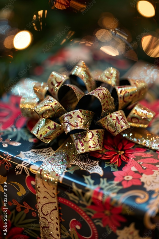Close-up of a holiday present with a decorative bow. Close-up of a holiday present with a decorative bow.